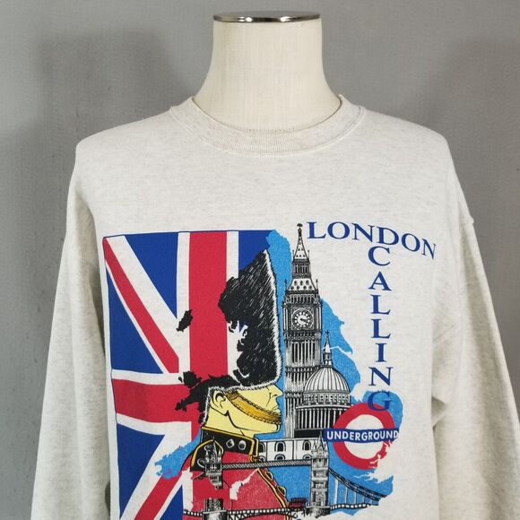 vintage London Calling sweater sweatshirt medium gray long sleeve '80s flawed - Picture 2 of 9